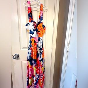 Colorful Sunday Up size medium floral midi dress, ties in back